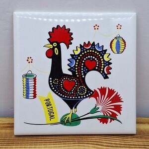 Vintage Outeiro Agueda Rooster w Hearts & Red Flower Art Pottery Ceramic Tile –‎